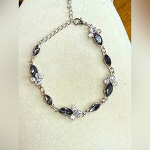 Elegant Silver Tone Crystal Bracelet – Smoky Marquise Stones & Clear Round